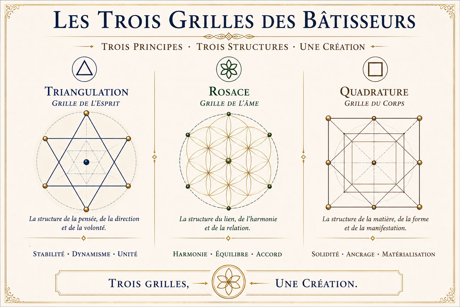 Les trois grilles des bâtisseurs : triangulation, rosace, quadrature