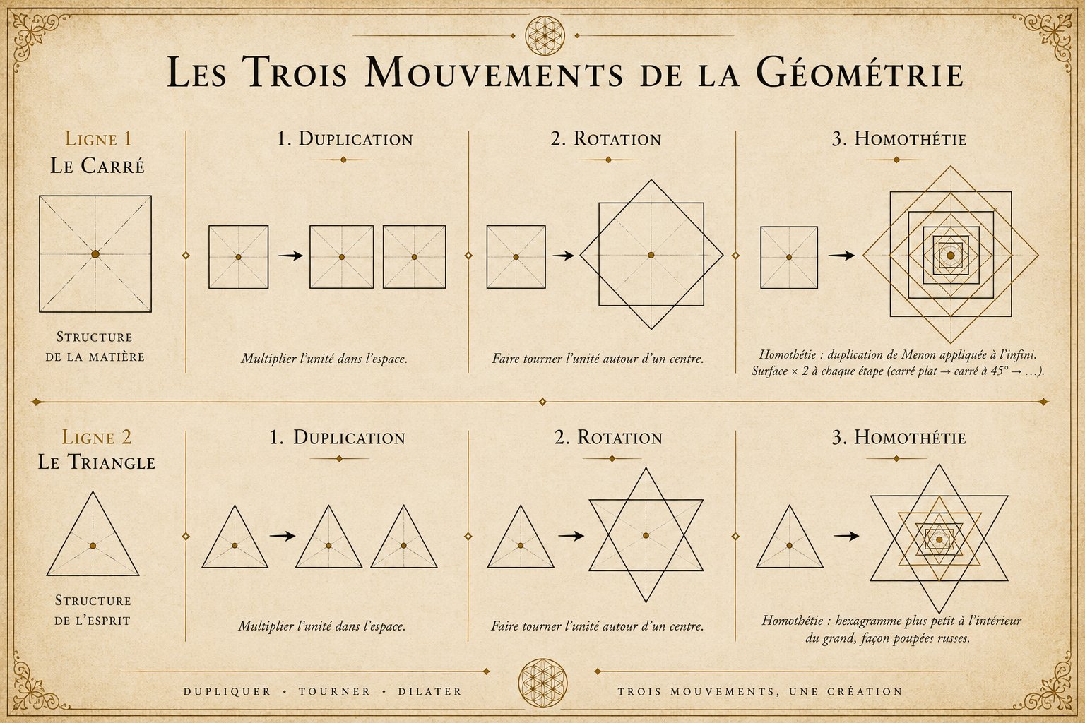 Les trois mouvements de la géométrie : duplication, rotation, homothétie