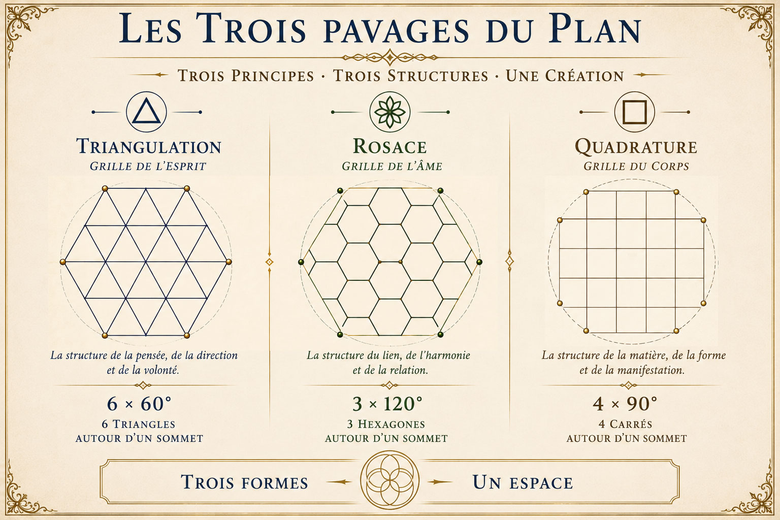 Les trois pavages réguliers du plan : triangulaire, carré, hexagonal