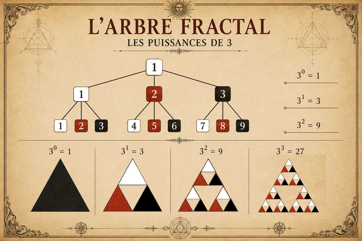 L'arbre fractal — les puissances de 3 : l'arbre 1-2-3 déployé en neuf branches, et le triangle de Sierpinski de 3⁰ à 3³