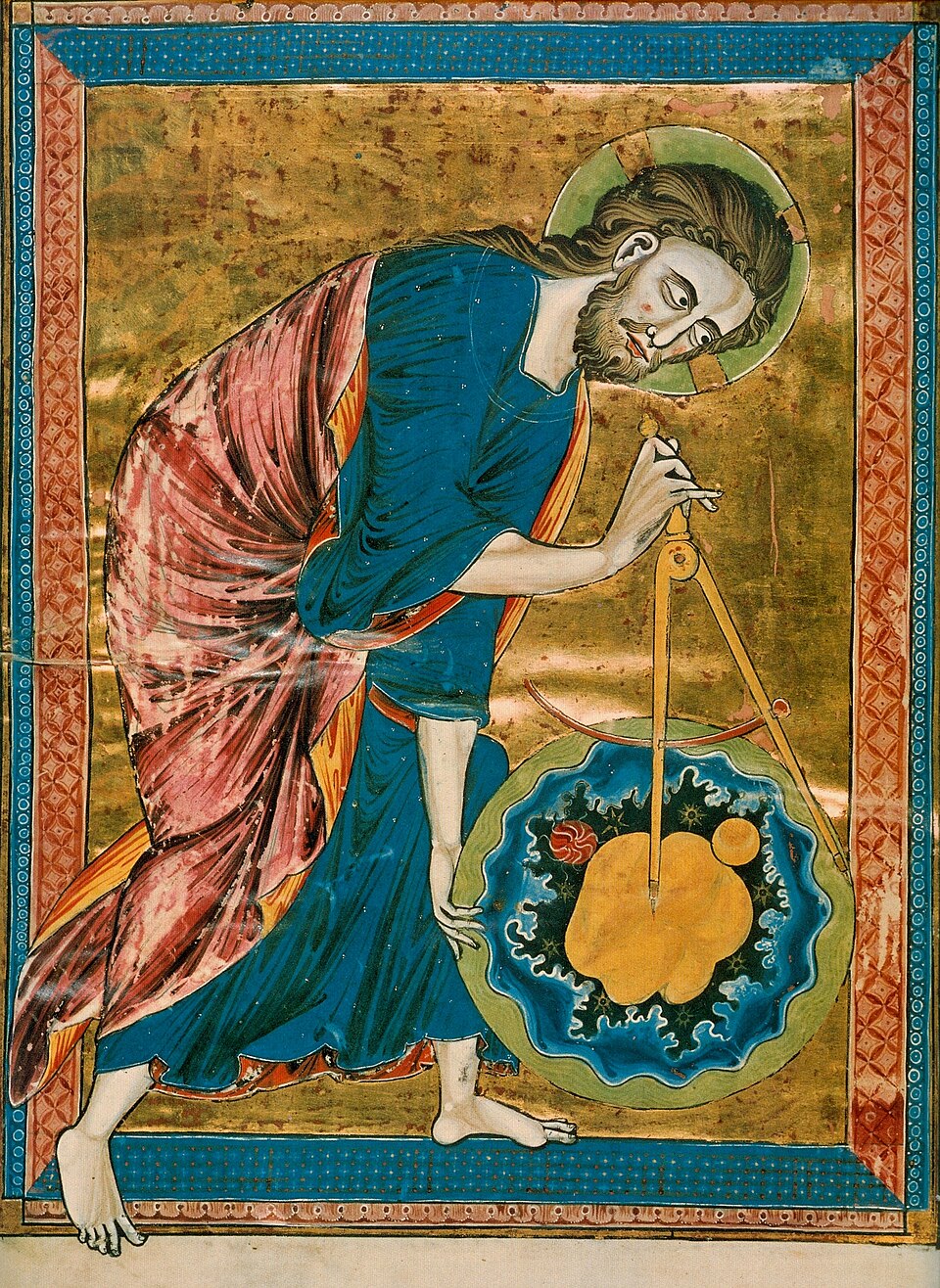 Dieu architecte de l'univers, le compas à la main, au-dessus des formes fractales de la création