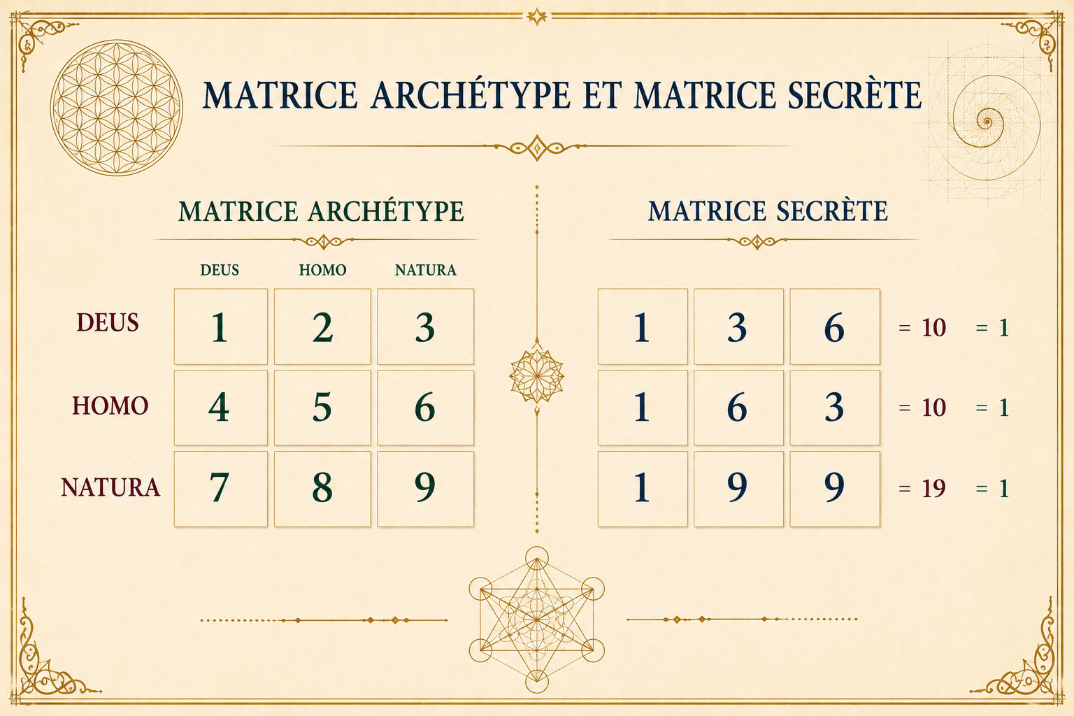 La Matrice Archétype et la Matrice Secrète — les neuf nombres réduits à leurs Valeurs Secrètes