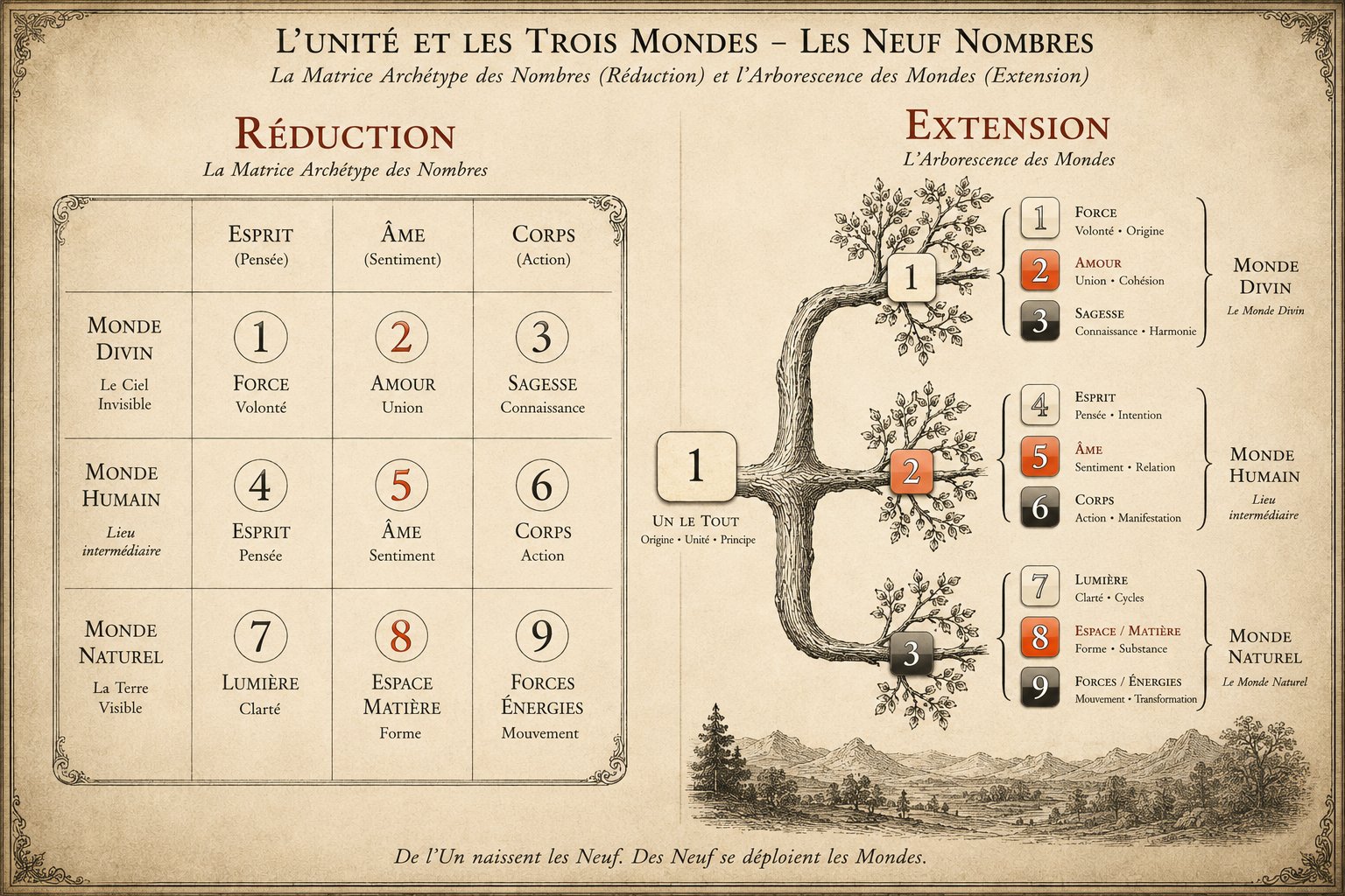 La matrice des nombres et l'arbre des idées — réduction 3×3 d'un côté, expansion 1·3·9 de l'autre