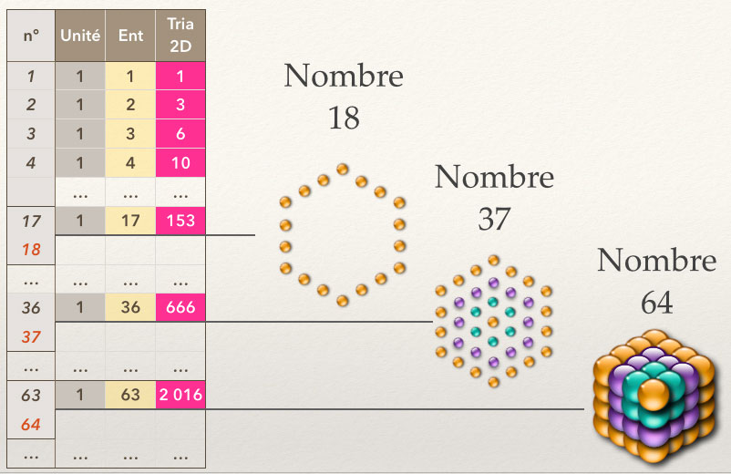 La colonne des triangulaires : 153 = T(17), 666 = T(36), 2016 = T(63) — avec les nombres 18, 37 et 64