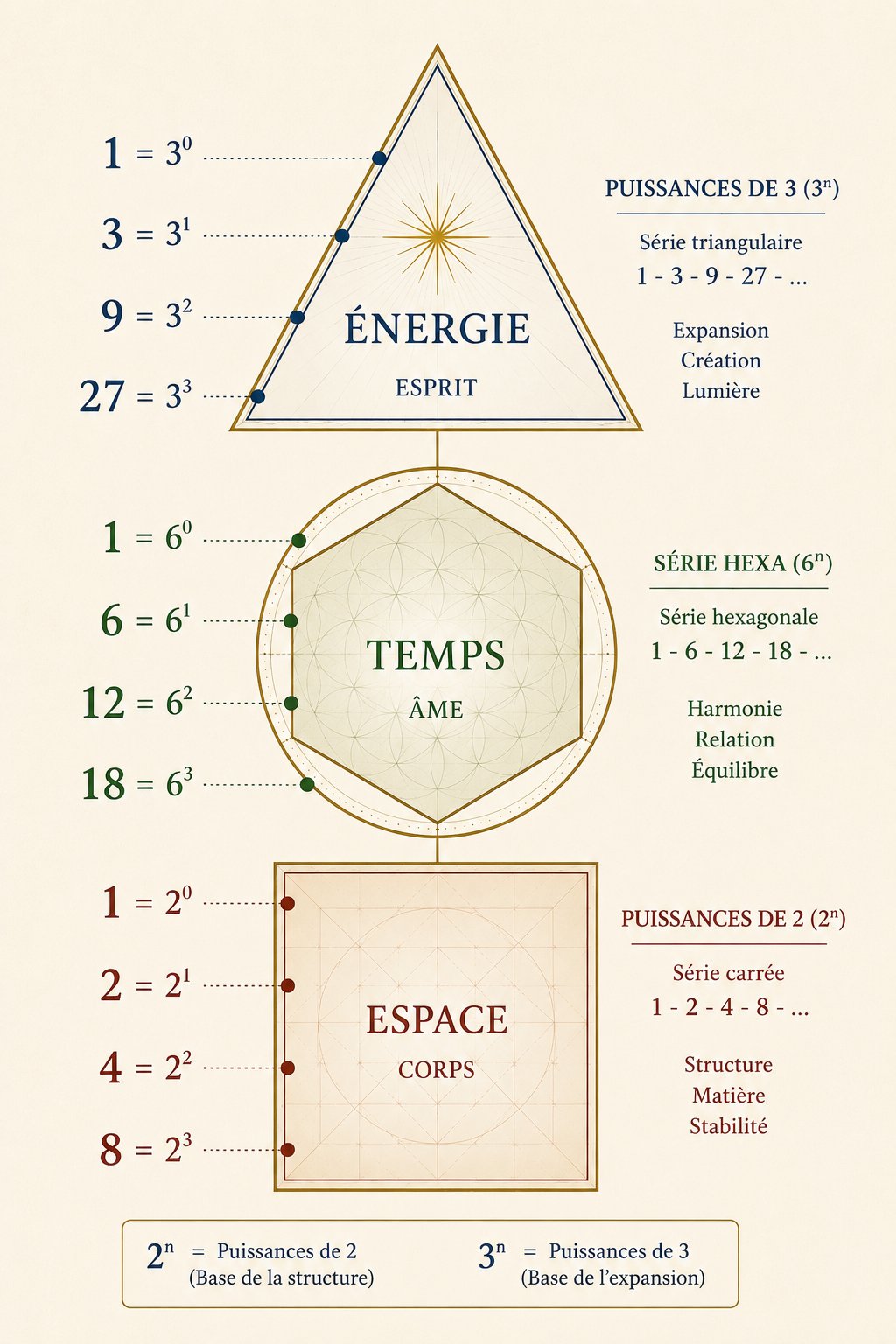 Les trois Figures Mères de la Géométrie — Triangle (Esprit/P3/Énergie), Hexagone (Âme/HEXA/Temps), Carré (Corps/P2/Espace)